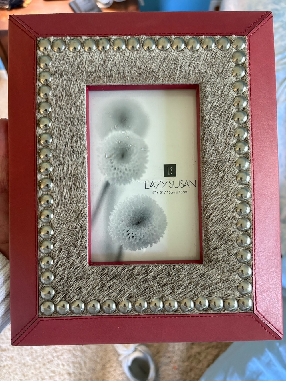 NWOT Lazy Susan Photo Frame Leather Calf Hair Red Grey Silver Hobnail 4x6 Size